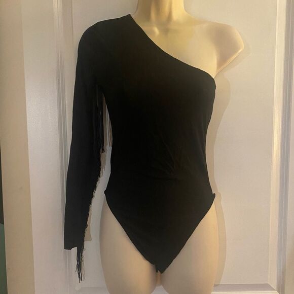 Black One-Shoulder Fringe Bodysuit Sz XS/Small - Picture 5 of 7